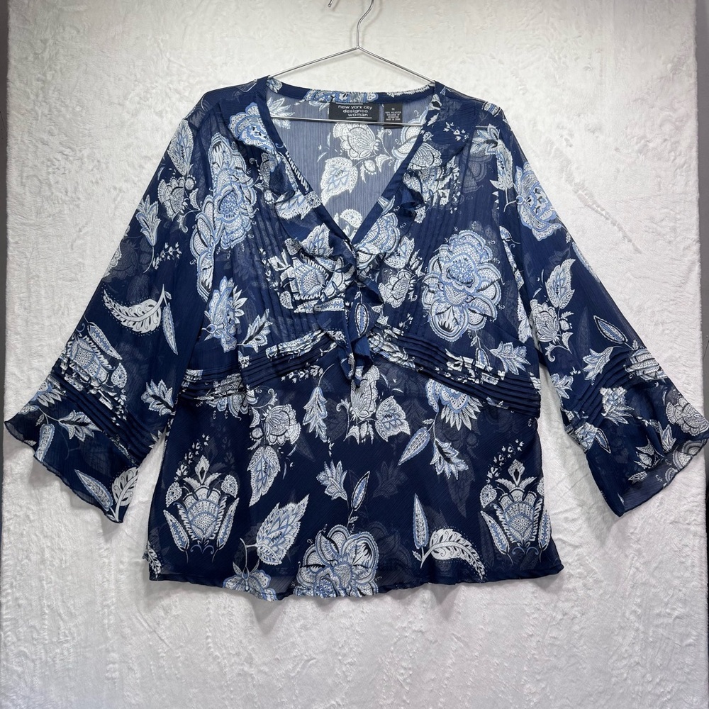 Vintage Y2K Sheer Boho Blue Floral Babydoll Top Bell Sleeves Ruffle Pleats Beads